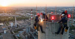 Budowa instalacji oświetlenia przeszkodowego i&nbsp;odgromowej komina