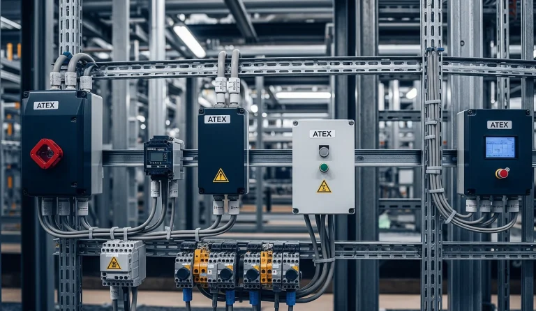 widok instalacji elektrycznej w strefie EX w rafinerii, z urządzeniami ATEX i oznaczeniami bezpieczeństwa