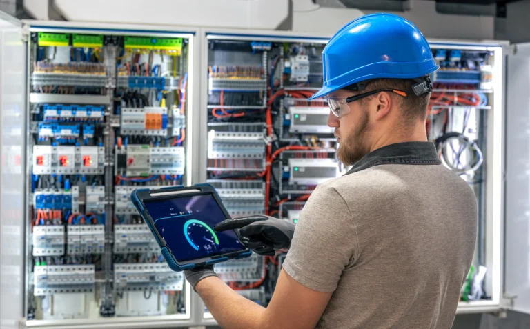 integrator automatyki przemysłowej z tabletem przy rozdzielni elektrycznej