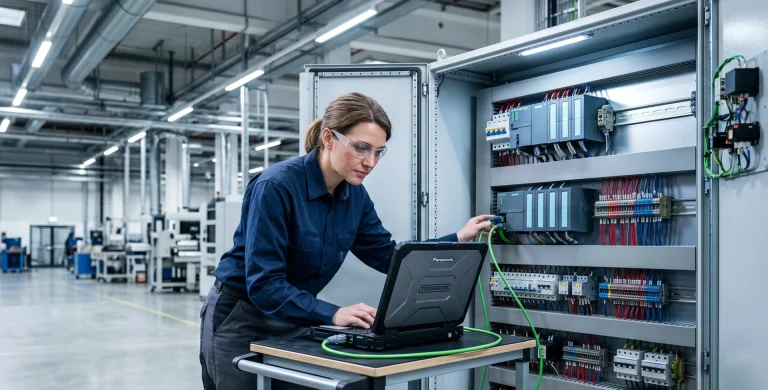 Integrator automatyki podczas programowania systemów sterowania PLC w nowoczesnym zakładzie przemysłowym.