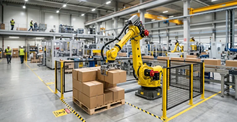 Ramię robota przemysłowego na hali produkcyjnej podczas paletyzacji produktów — robotyzacja co to jest w praktyce.