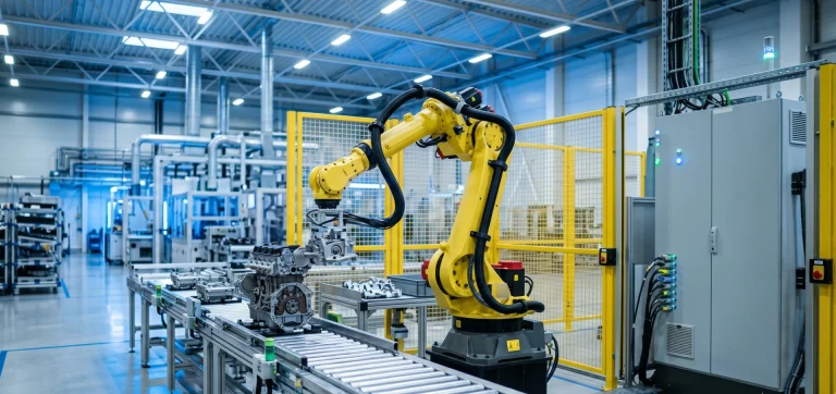 Robot przemysłowy na zrobotyzowanym stanowisku produkcyjnym w nowoczesnej hali fabrycznej z systemem sterowania PLC