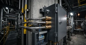 Szafa elektryczna z oznaczeniem Ex zainstalowana w strefie zagrożonej wybuchem w zakładzie chemicznym, widoczne dławiki kablowe ATEX i certyfikowane okablowanie