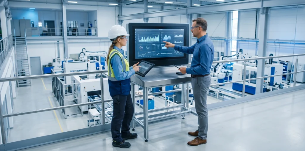 Inżynier automatyki i kierownik zakładu analizują model ROI projektu automatyzacji przy panelu sterowania w hali produkcyjnej