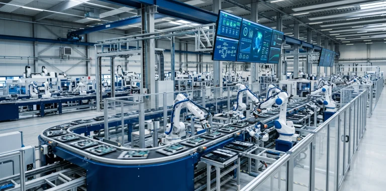Nowoczesna zautomatyzowana linia produkcyjna z systemem sterowania PLC i wizualizacją SCADA jako symbol przewagi konkurencyjnej zakładu