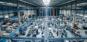 Widok z góry na halę produkcyjną z przenośnikami, buforami materiałowymi i strefami składowania jako przykład złożonej intralogistyki zakładu