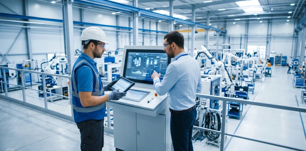 Inżynier automatyki i kierownik zakładu analizują model ROI projektu automatyzacji przy panelu sterowania w hali produkcyjnej