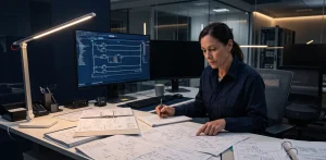 Inżynier automatyki analizujący schemat P&ID i dokumentację techniczną systemu sterowania PLC przy stole projektowym w nowoczesnym biurze technicznym