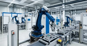Precyzyjny robot przemysłowy na zrobotyzowanej linii produkcyjnej w nowoczesnym zakładzie z systemem sterowania PLC i monitoringiem SCADA