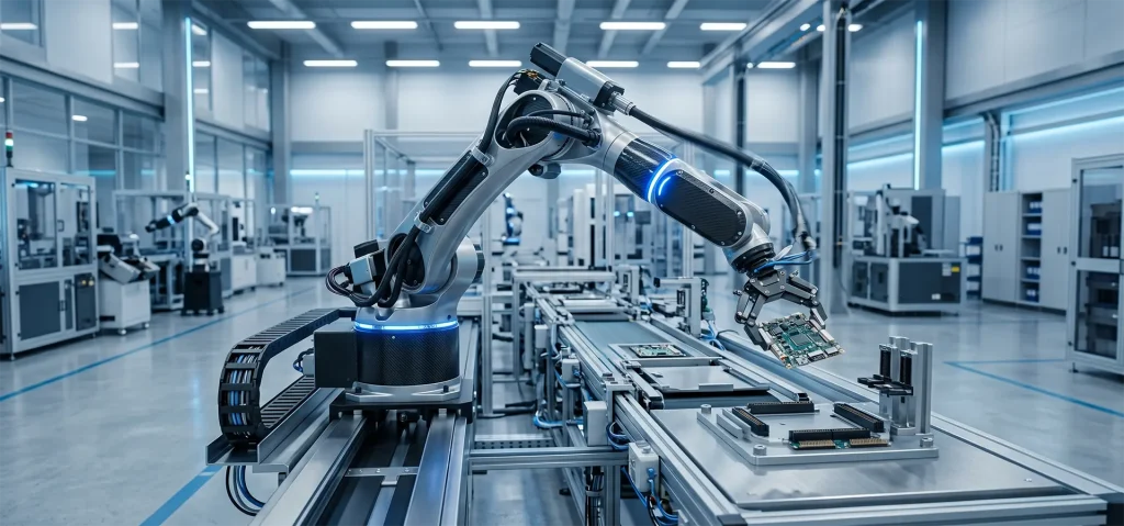Nowoczesne ramię robota przemysłowego podczas precyzyjnej pracy, zintegrowane z linią produkcyjną w czystej hali fabrycznej.