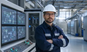 Inżynier przy panelu sterowania SCADA w hali produkcyjnej podczas wdrożenia systemu automatyki