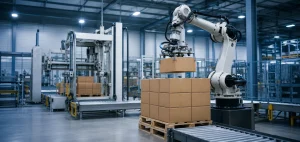 Robot przemysłowy i paletyzator dedykowany podczas pracy na linii pakowania w hali produkcyjnej