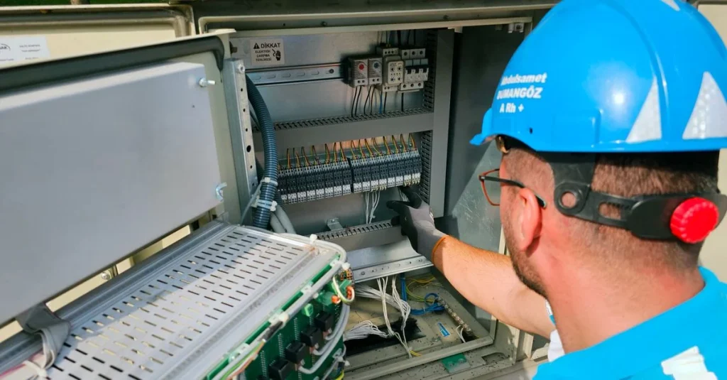 Inżynier sprawdza okablowanie szafy sterowniczej PLC podczas przygotowania projektu automatyki