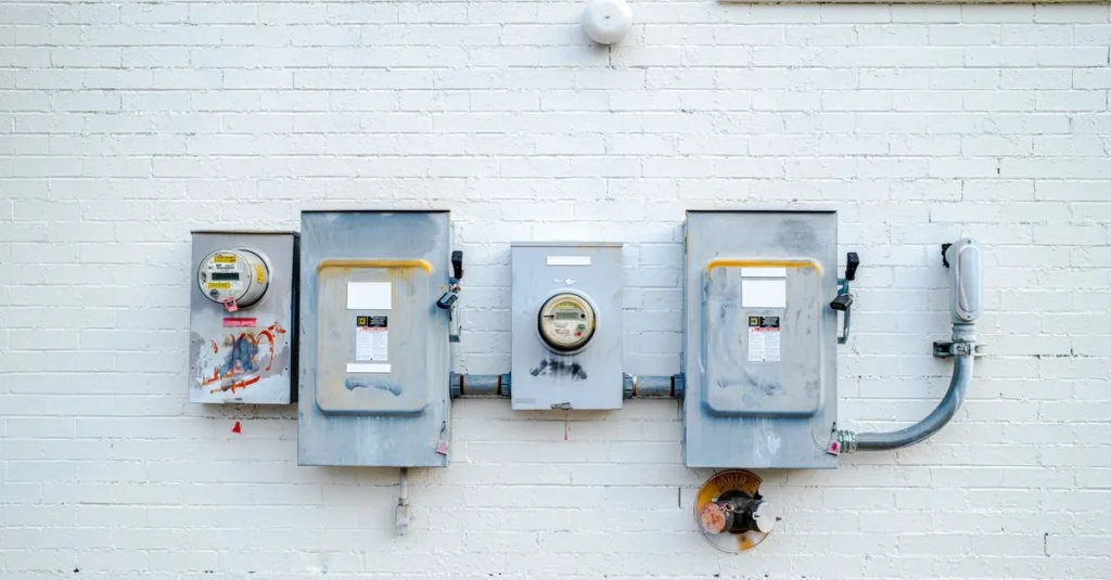 Inżynierowie analizują dokumentację instalacji elektrycznej przy szafie sterowniczej