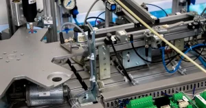 Nowoczesna zautomatyzowana linia produkcyjna z robotem przemysłowym i stanowiskiem operatorskim