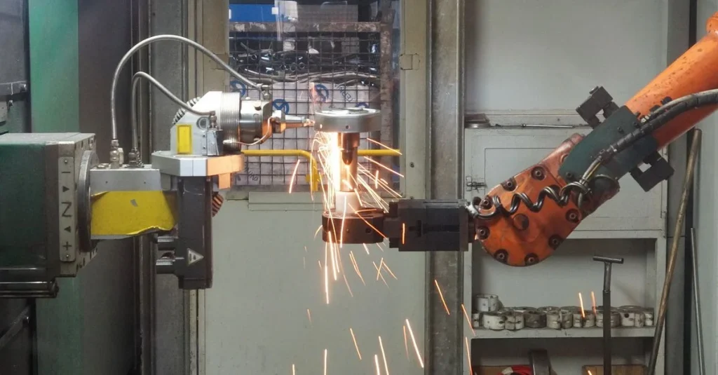 Robot przemysłowy układający kartony na palecie na końcu linii pakowania