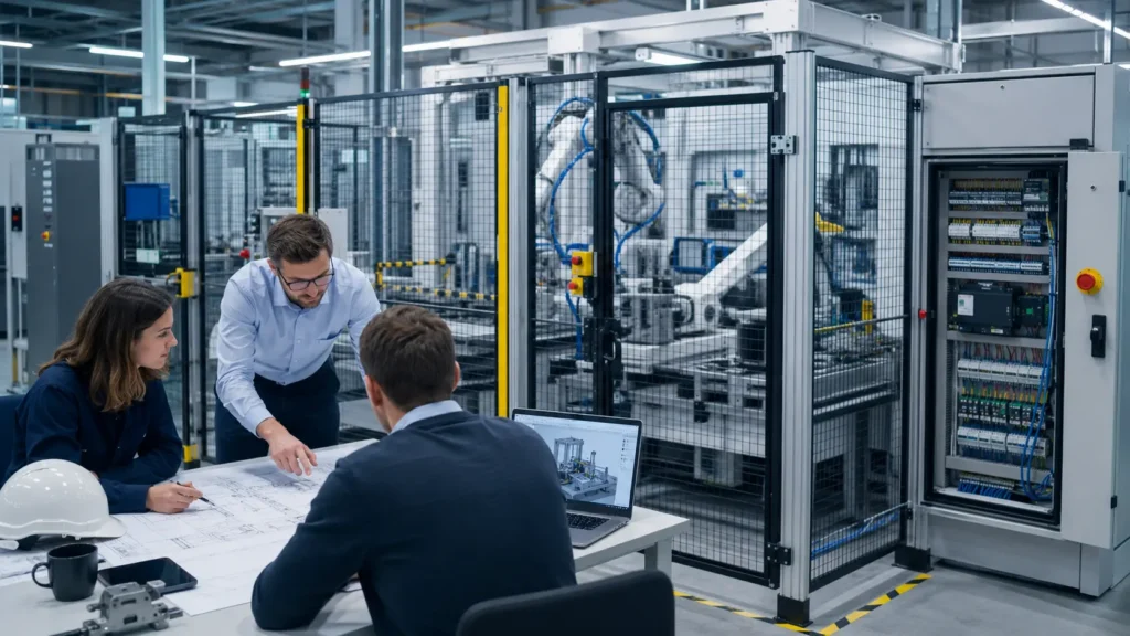 Inżynierowie projektujący bezpieczny system automatyki przemysłowej przy linii produkcyjnej