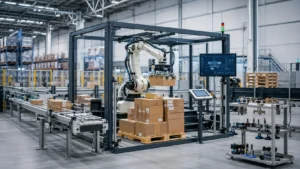 Zrobotyzowane stanowisko paletyzacji z robotem przemysłowym, przenośnikami i systemem sterowania w nowoczesnym zakładzie produkcyjnym.