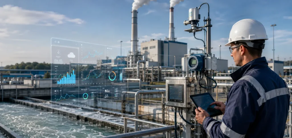 Inżynier monitoruje inteligentną oczyszczalnię