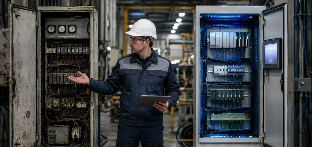 Inżynier automatyk analizujący różnice między istniejącą a nową szafą sterowniczą PLC w hali produkcyjnej