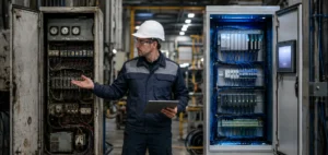Inżynier automatyk analizujący różnice między istniejącą a nową szafą sterowniczą PLC w hali produkcyjnej