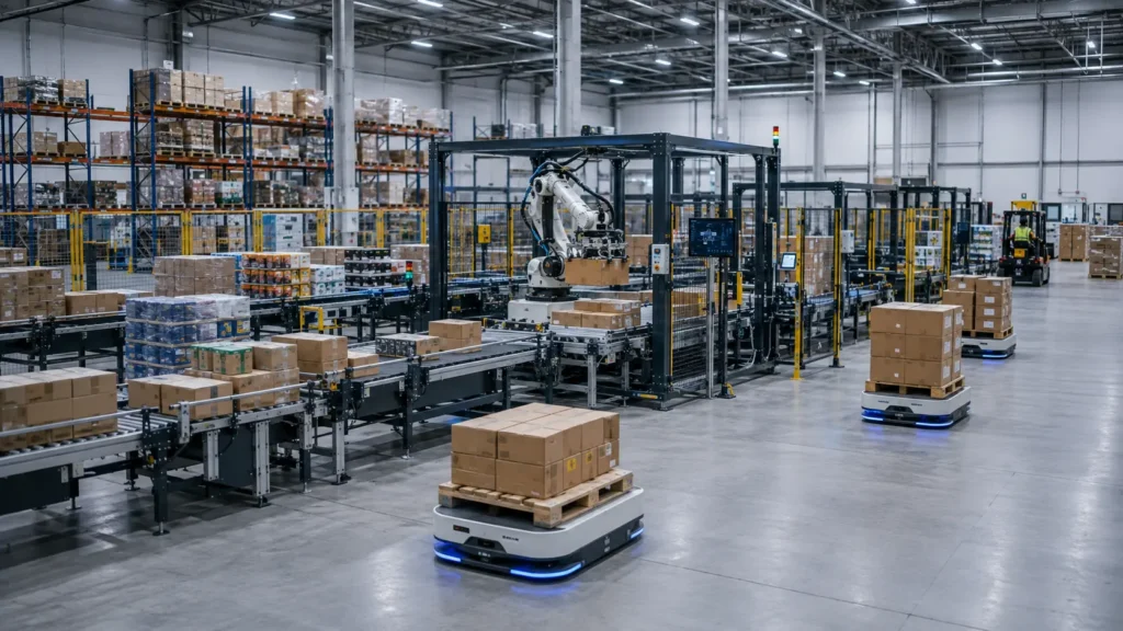 Zautomatyzowane centrum logistyczne z robotem paletyzującym, przenośnikami oraz autonomicznymi robotami mobilnymi transportującymi palety.