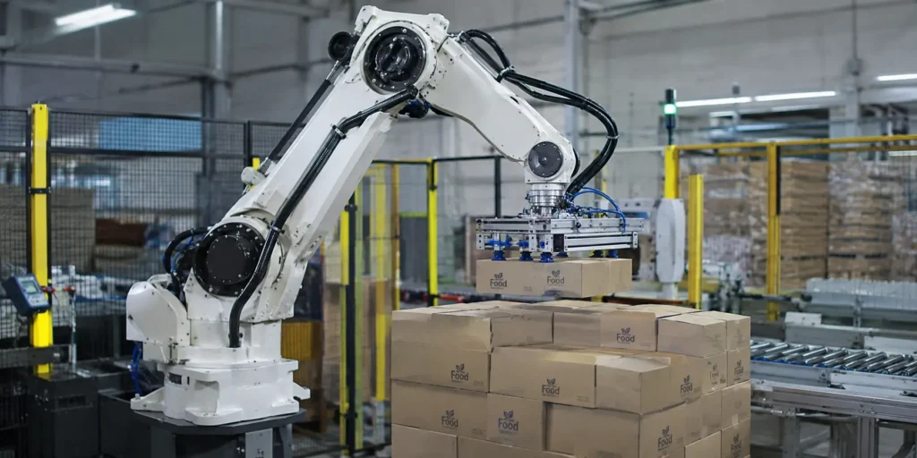 robot paletyzujący ustawaiający kartony na palecie