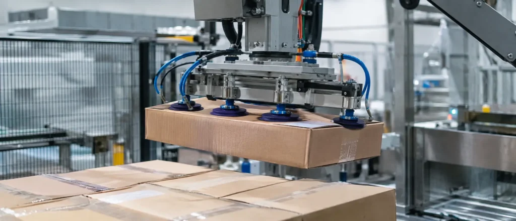 robot ustawia kartony na palecie