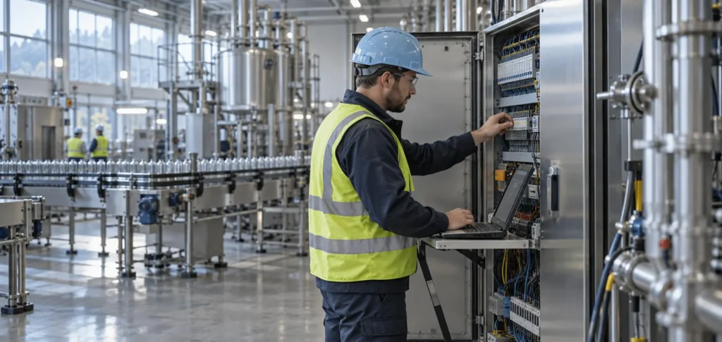 Technik przy panelu sterowania fabryki