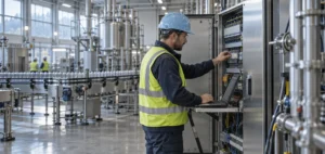 Technik przy panelu sterowania fabryki