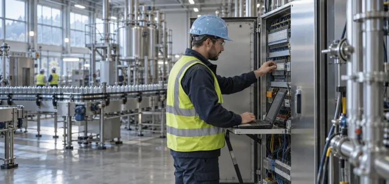 Technik przy panelu sterowania fabryki